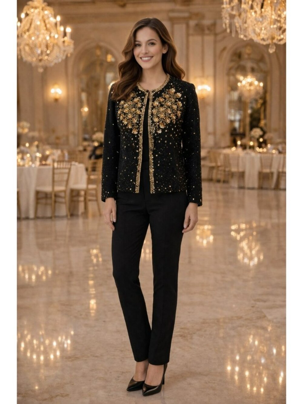 Vintage Black Cardigan Beaded With Gold Floral Embellishments & Sequins 48 - Picture 3 of 10